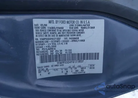 2000 Ford Taurus Se z USA, uszkodzony, nr VIN 1FAFP5324YG171827